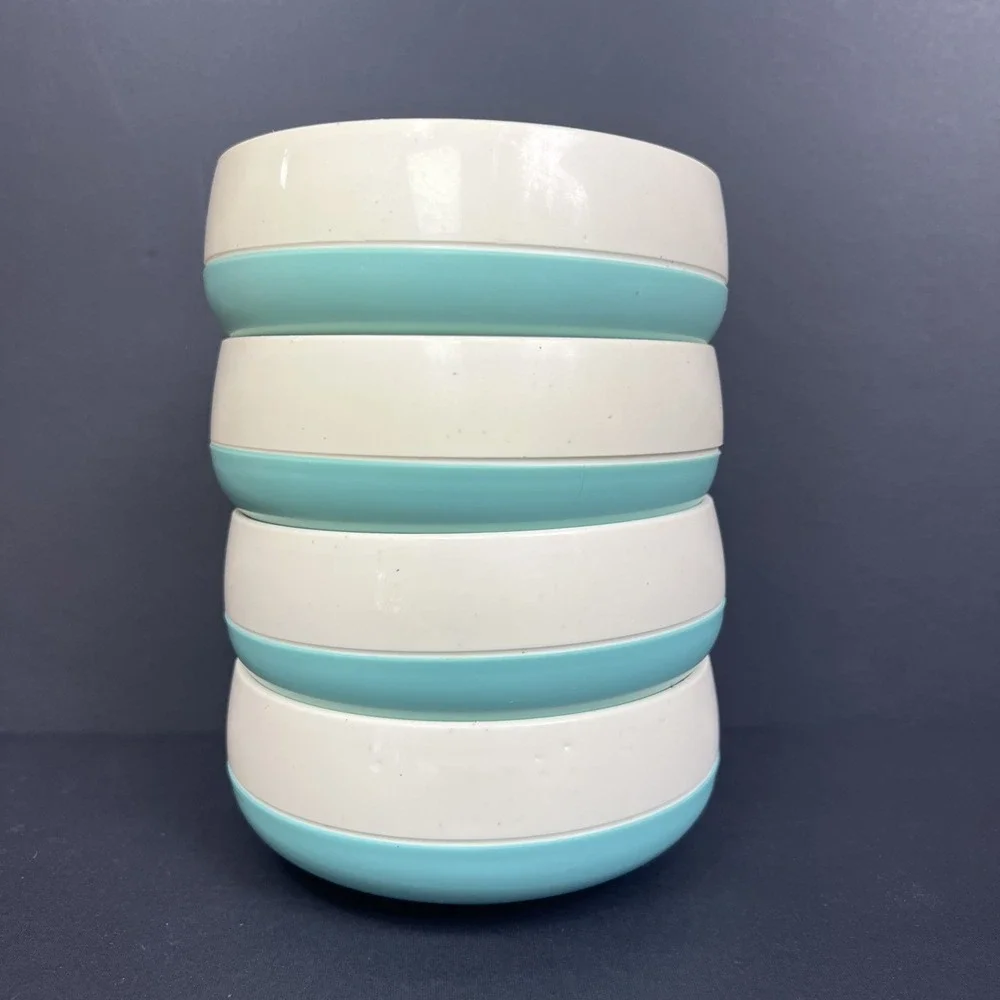 VTG Vacron Style Melamine Bowls Set 4 Teal Aqua Turquoise Speckled MCM USA